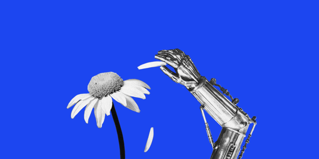 Roboterhand zupft Blütenblätter einer Margerite