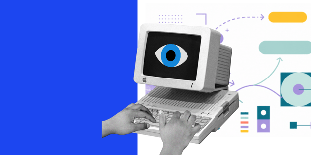 Collage: Alter Apple-Computer mit einem großen blauen Auge auf dem Bildschirm, Hände auf der Tastatur, bunte geometrische Formen