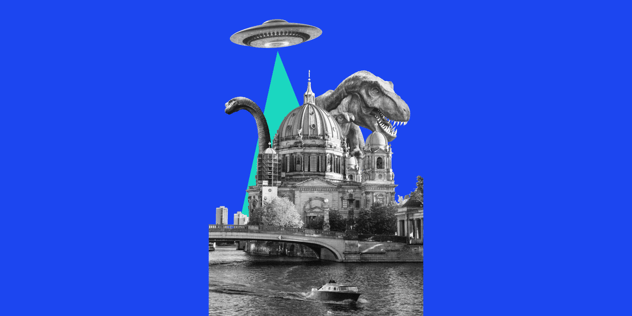 Collage: Ufo, Brontosaurus und T-Rex über dem Berliner Dom vor blauem Grund mit türkisem Lichtkegel