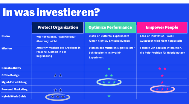 Investitionsmatrix je Archetyp: Risiko und Mission sowie Sterne-Bewertung für Remote Ability, Office Design, Mgmt-Entwicklung, Personal Marketing und Hybrid Work Guide; markiert sind Hybrid Work Guide bei Protect, Mgmt-Entwicklung bei Optimize und Personal Marketing bei Empower