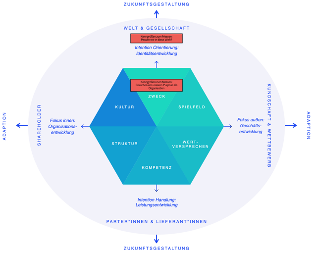 Strategie-Hexagon mit den sechs Feldern Zweck, Spielfeld, Wertversprechen, Kompetenz, Struktur und Kultur; hervorgehoben sind die Kenngrößen im Feld Zweck: „Passen wir in diese Welt?" und „Erreichen wir unseren Purpose als Organisation?"