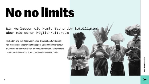 Prinzip „No no limits“: Wir verlassen die Komfortzone der Beteiligten, aber nie deren Möglichkeitsraum – Methoden wirken nur passend zur Lernkurve der Akteure; Collage von Personen mit Rauchwolken statt Köpfen