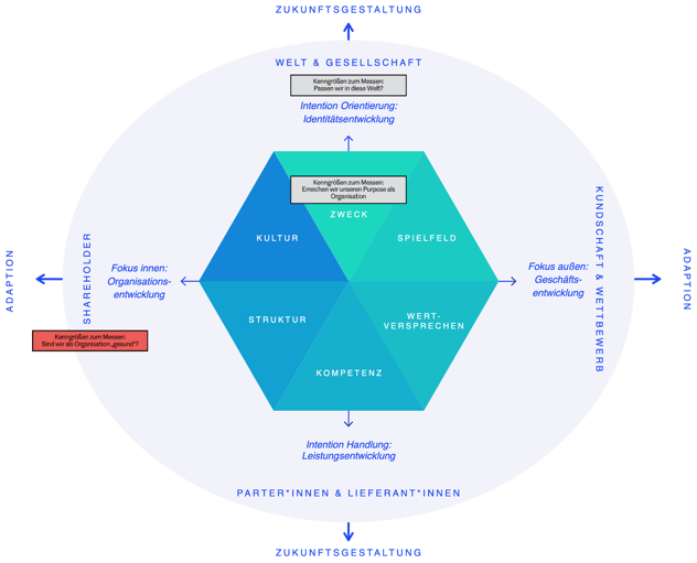 Strategie-Hexagon mit Umfeldern; hervorgehoben ist die Kenngröße links bei den Shareholdern: „Sind wir als Organisation ‚gesund'?" – sie liegt außerhalb des Hexagons