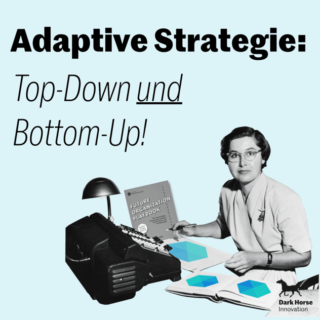 Kachel „Adaptive Strategie: Top-Down und Bottom-Up!" mit einer Frau an einer Rechenmaschine, dem Future Organization Playbook und Hexagon-Grafiken auf den Blättern