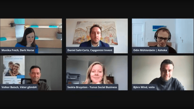 Videokonferenz mit sechs Teilnehmenden in Kachelansicht: Monika Frech (Dark Horse), Daniel Sahl-Corts (Capgemini Invent), Odin Mühlenbein (Ashoka), Volker Baisch (Väter gGmbH), Saskia Bruysten (Yunus Social Business) und Björn Wind (voiio)
