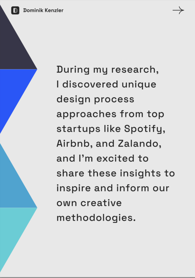 Textseite: In der Recherche wurden eigenständige Design-Prozess-Ansätze von Top-Startups wie Spotify, Airbnb und Zalando gesammelt, um eigene Methoden zu inspirieren