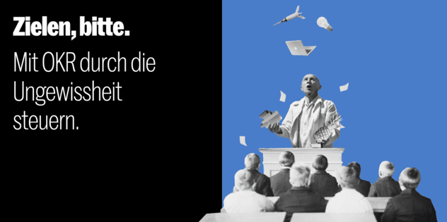 Collage: ein Mann am Rednerpult jongliert vor sitzendem Publikum mit Laptop, Glühbirne, Rakete und Papierblättern; Titelzeile „Zielen, bitte.“