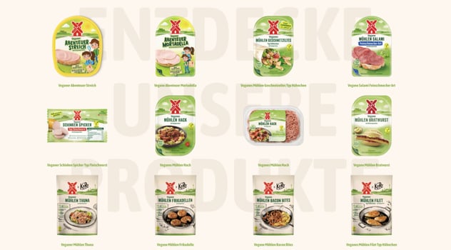 Produktübersicht der veganen Mühlen-Range von Rügenwalder: zwölf Packungen von Abenteuer Streich und Mortadella über Geschnetzeltes, Salami und Hack bis zu Bratwurst, Thuna, Frikadellen und Filet