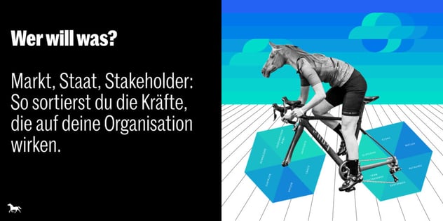 Collage: Radfahrerin mit Pferdekopf auf einem Rennrad, darunter türkise Sechsecke; Textfeld „Wer will was?“