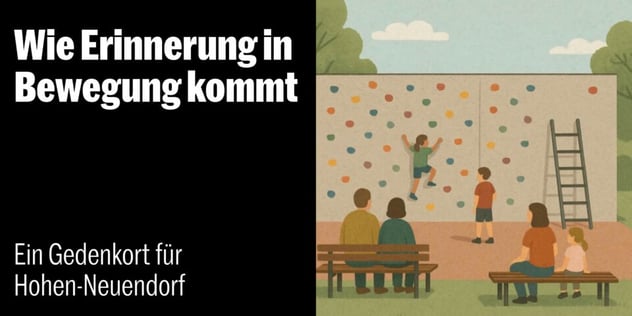 Illustration: Kinder klettern an einer Wand mit bunten Griffen, Erwachsene sitzen davor auf Bänken im Grünen