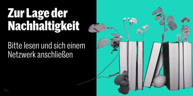 Aufgestellte Bücher, aus denen getrocknete Blüten und Blätter wachsen, schwarz-weiß vor türkisem Hintergrund