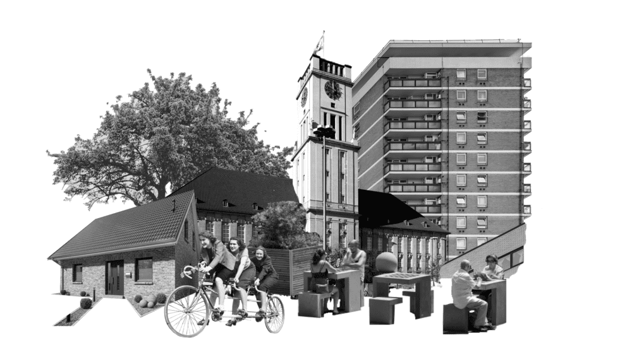 Schwarzweiß-Collage einer Stadt aus Einfamilienhaus, Altbau mit Uhrturm und Hochhaus, davor drei Frauen auf einem Tandem und Menschen an Arbeitstischen im Freien