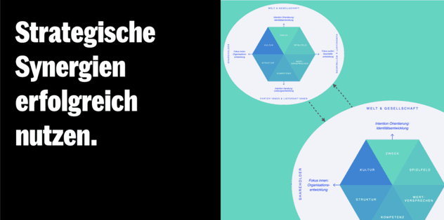 Zwei Strategie-Hexagone mit den Feldern Zweck, Spielfeld, Wertversprechen, Kompetenz, Struktur und Kultur, umgeben von Shareholder, Kapitalgeber sowie Welt & Gesellschaft; Pfeile verbinden beide