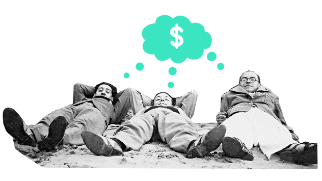 Drei Menschen in historischer Kleidung liegen entspannt im Sand, über ihnen eine grüne Gedankenblase mit Dollarzeichen