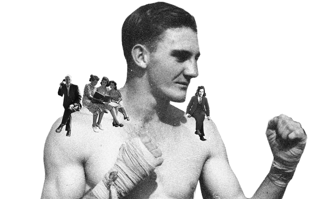 Boxer in Kampfhaltung, auf dessen Schultern kleine Büroangestellte sitzen, telefonieren und lesen