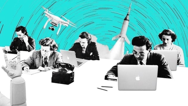 Collage: Büroangestellte der 1950er Jahre arbeiten an MacBooks und Schreibmaschinen, dazwischen eine Drohne, eine startende Rakete und eine Roboterhand