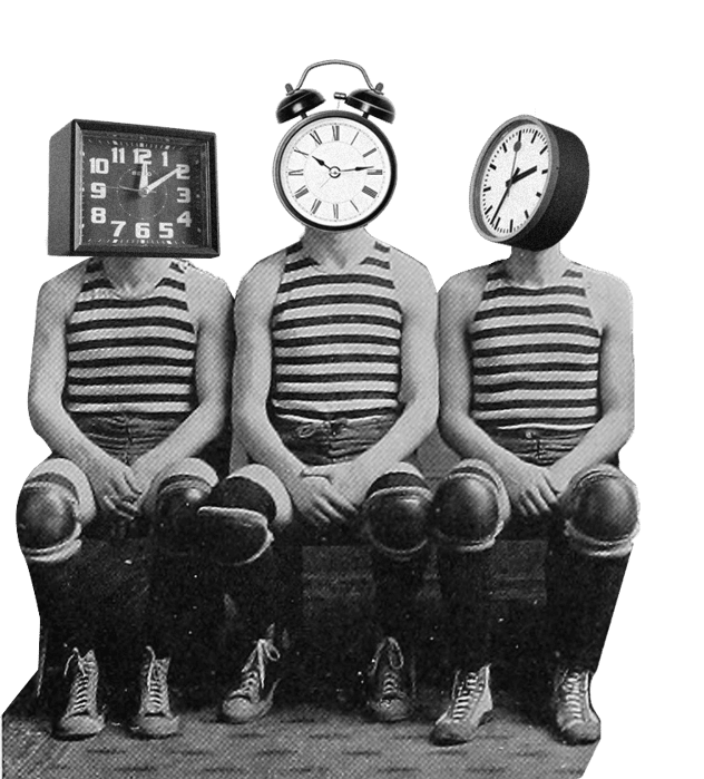 Fotocollage: Drei Sportler in gestreiften Trikots sitzen nebeneinander, jeder mit einer anderen Uhr – Tischuhr, Wecker, Wanduhr – als Kopf