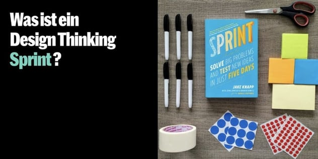 Buch „Sprint“ von Jake Knapp auf Holztisch, daneben schwarze Marker, Schere, Klebeband, bunte Haftnotizen und Klebepunkte