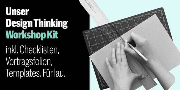 Hände zeichnen mit Stift und Geodreieck auf Papier über einer Schneidematte, Text „inkl. Checklisten, Vortragsfolien, Templates. Für lau.“