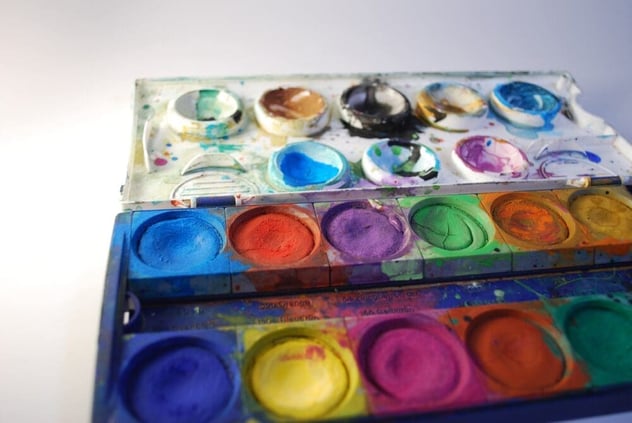 Aufgeklappter, stark benutzter Tuschkasten mit Farbnäpfen in Blau, Rot, Violett, Grün, Orange und Gelb sowie einem angemischten Deckel