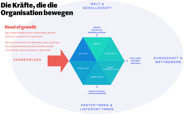 Strategie-Hexagon mit einem roten Pfeil, der von links aus dem Shareholder-Feld auf Kultur und Struktur drückt; das Wachstumsbedürfnis der Anteilseigner wirkt umso stärker, je geringer die emotionale Bindung ans Unternehmen ist