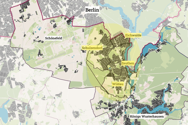 Karte des Projektgebiets südöstlich von Berlin: die vier Kommunen Eichwalde, Schulzendorf, Zeuthen und Wildau sind hervorgehoben, umgeben von Schönefeld und Königs Wusterhausen