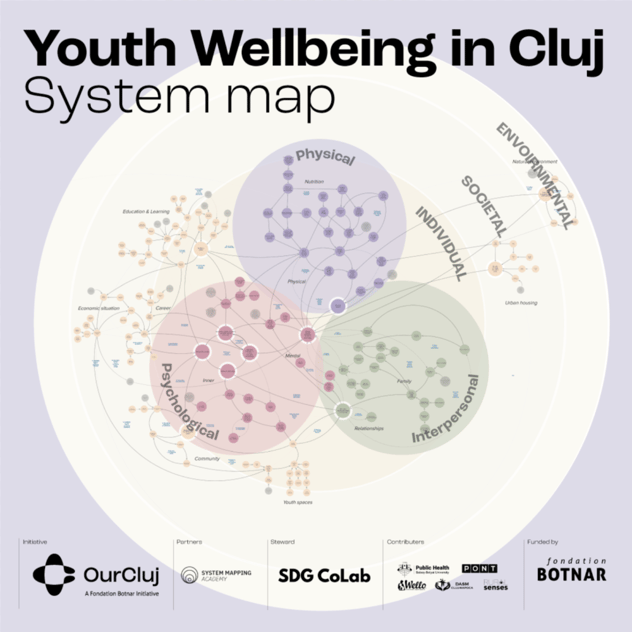 Systemkarte „Youth Wellbeing in Cluj": Wirkungsnetz vernetzter Faktoren in den Clustern Physical, Psychological und Interpersonal, eingebettet in die Ebenen Individual, Societal und Environmental.
