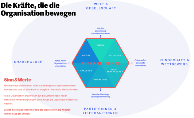 Strategie-Hexagon mit dem Schriftzug Mitarbeitende quer über allen sechs Feldern; als Kraft für Sinn und Werte wirkt sie als einzige von innen, alle übrigen kommen aus der Umwelt