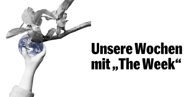 Schwarzweiß-Collage: eine Hand pflückt die Erdkugel wie einen Apfel von einem belaubten Zweig
