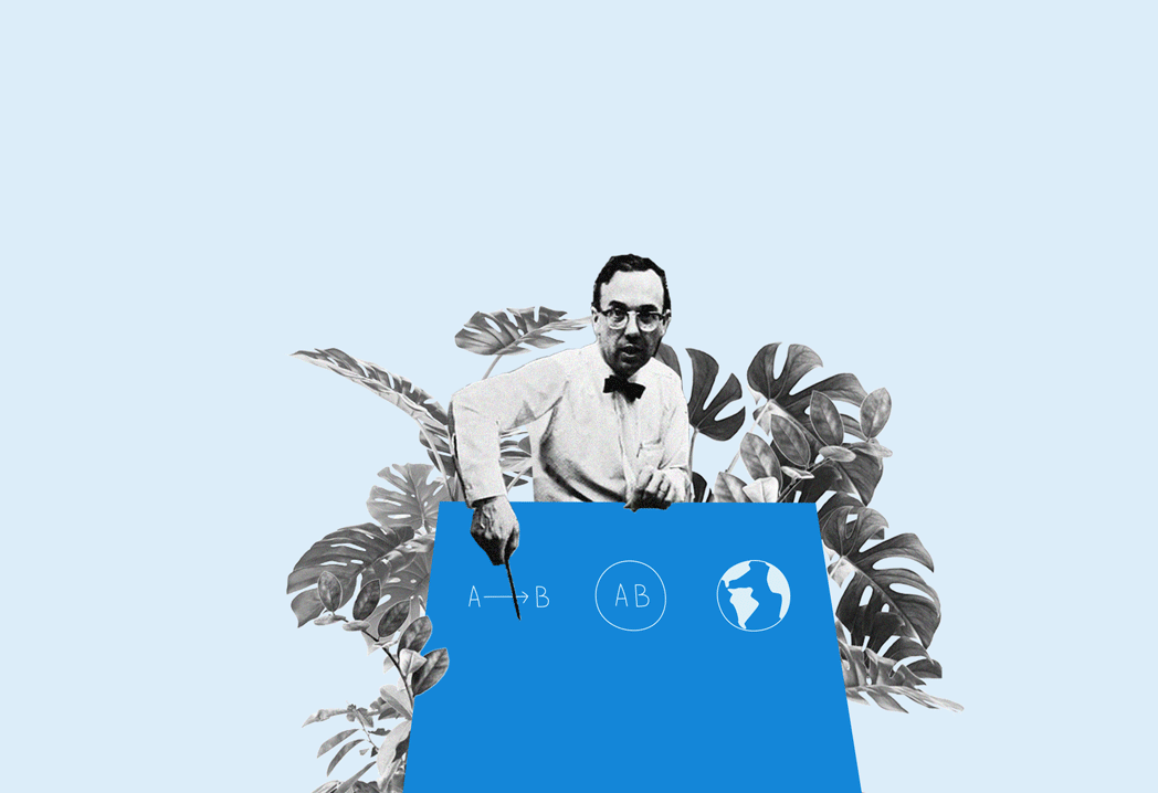 Dark Horse Illustration: Ein Lehrer mit Fliege steht hinter einem blauen Pult mit den Symbolen A→B, AB und einer Weltkugel, umgeben von großen Blättern.