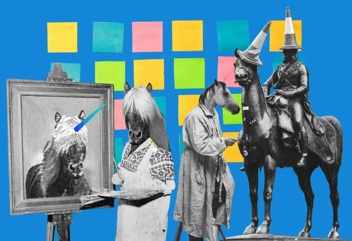 Fotocollage: Figuren mit Pferde- und Hutköpfen malen vor einer Wand voller bunter Klebezettel.
